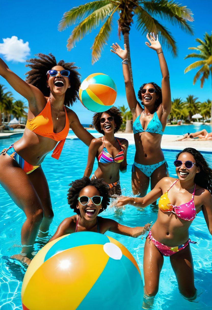 A joyful family of diverse backgrounds splashing in a bright turquoise pool, wearing trendy and colorful swimwear. They are laughing and bonding, with a vibrant beach ball flying overhead. The scene captures the essence of summer fun, with palm trees and a sunny sky in the background. Include playful elements like floaties and tropical drinks on the side. super-realistic. vibrant colors. sunny atmosphere.