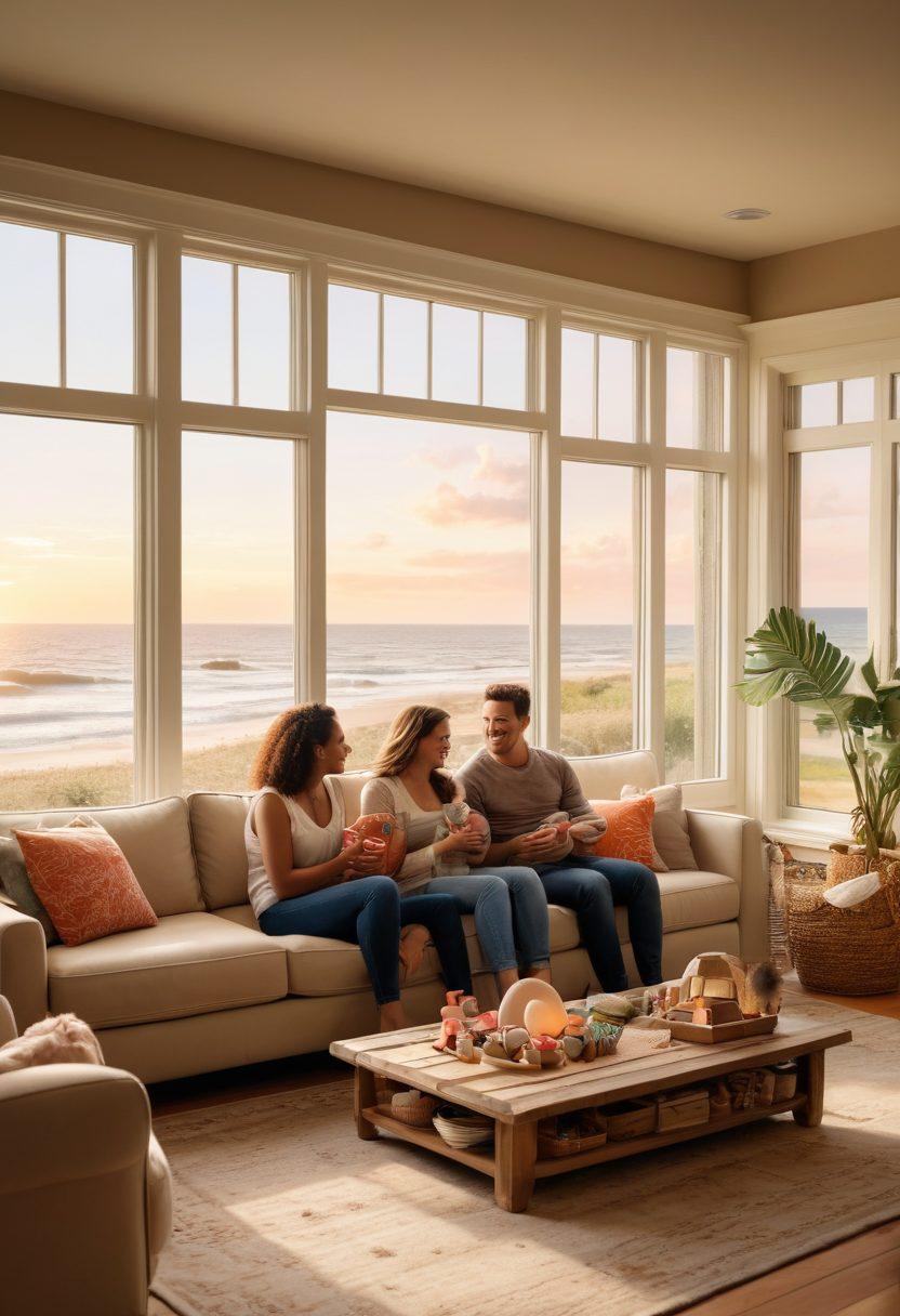A cozy living room scene where a stylish couple is watching television, surrounded by baby toys and a beautiful view of the shore through large windows. The couple is smiling and interacting with their baby, showcasing a blend of leisure and parenting. Add touches of beach elements like seashells and sand in the decor. Soft, warm lighting enhances the family atmosphere. super-realistic. vibrant colors. warm tones.